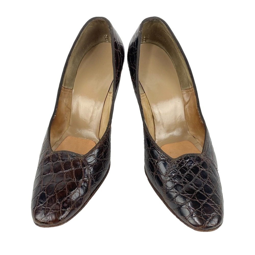 Luxury Leather Pumps Women's 6.5 Brown Croc Embossed All Leather Kitten Heels 37 - Picture 3 of 9